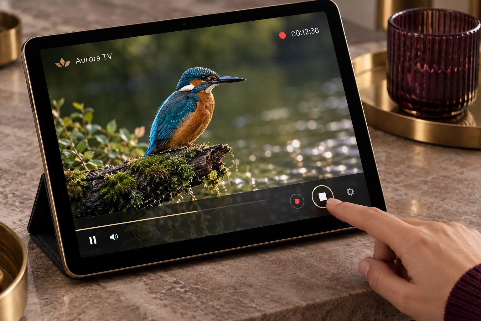 Tablet mit laufendem TV-Programm und Stopp-Taste für eine Sofortaufnahme